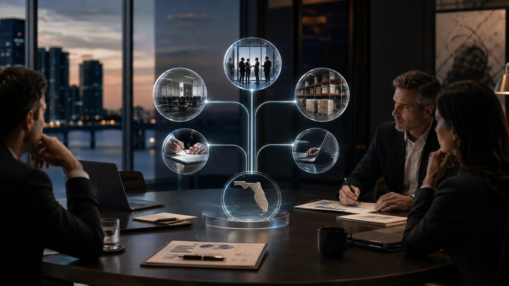 Executives evaluating a Florida operating footprint across people, office, inventory, contracts and business activity.