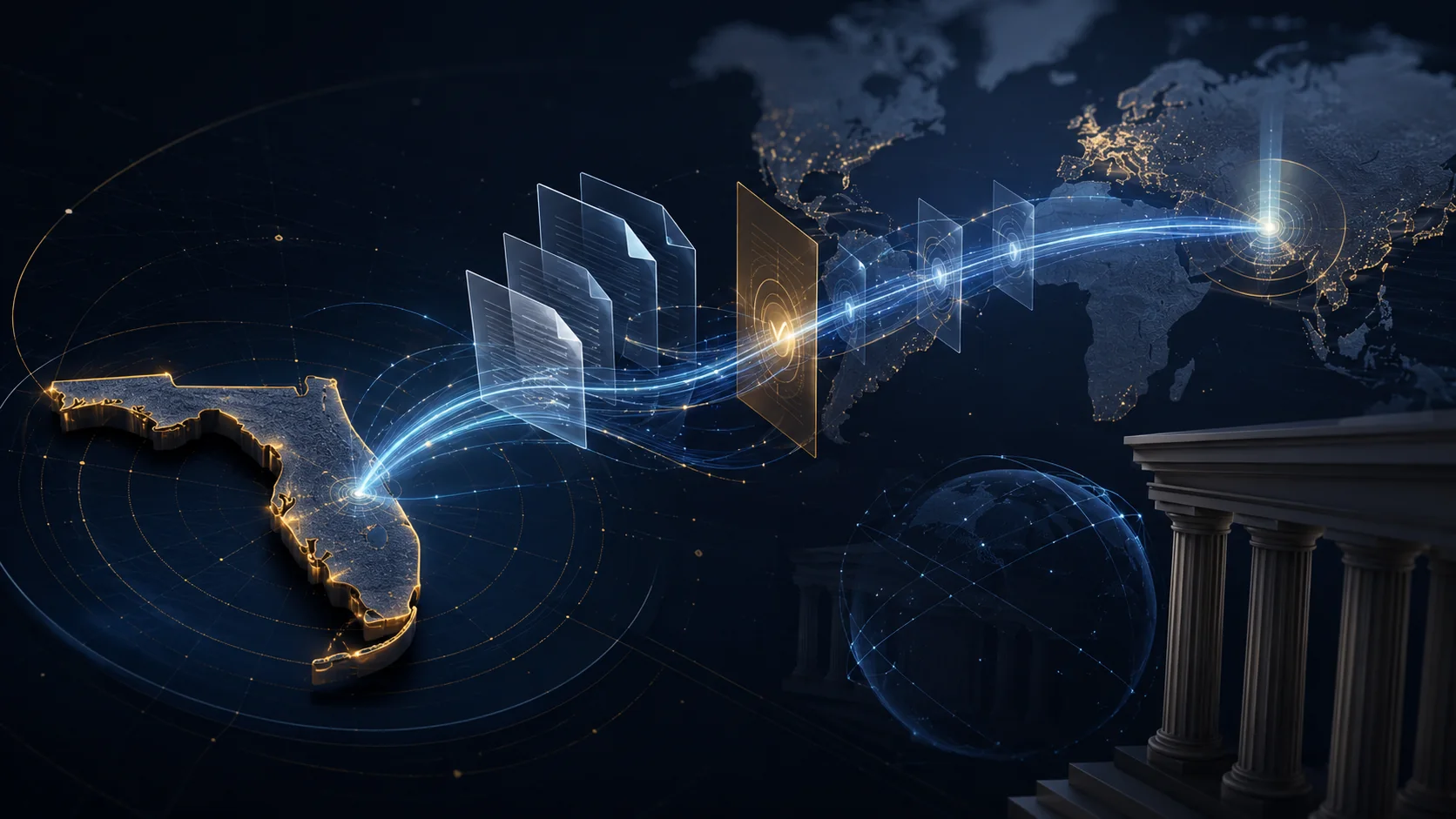 Cross-border financial flow from a Florida company through documentation and compliance controls to an overseas parent.