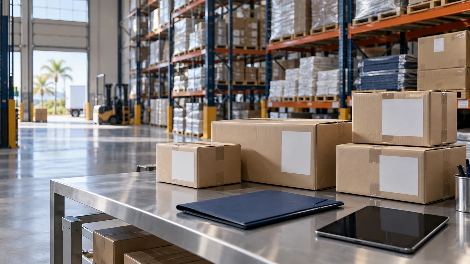 Inventory documents and sealed cartons prepared for reconciliation at a Florida distribution warehouse.