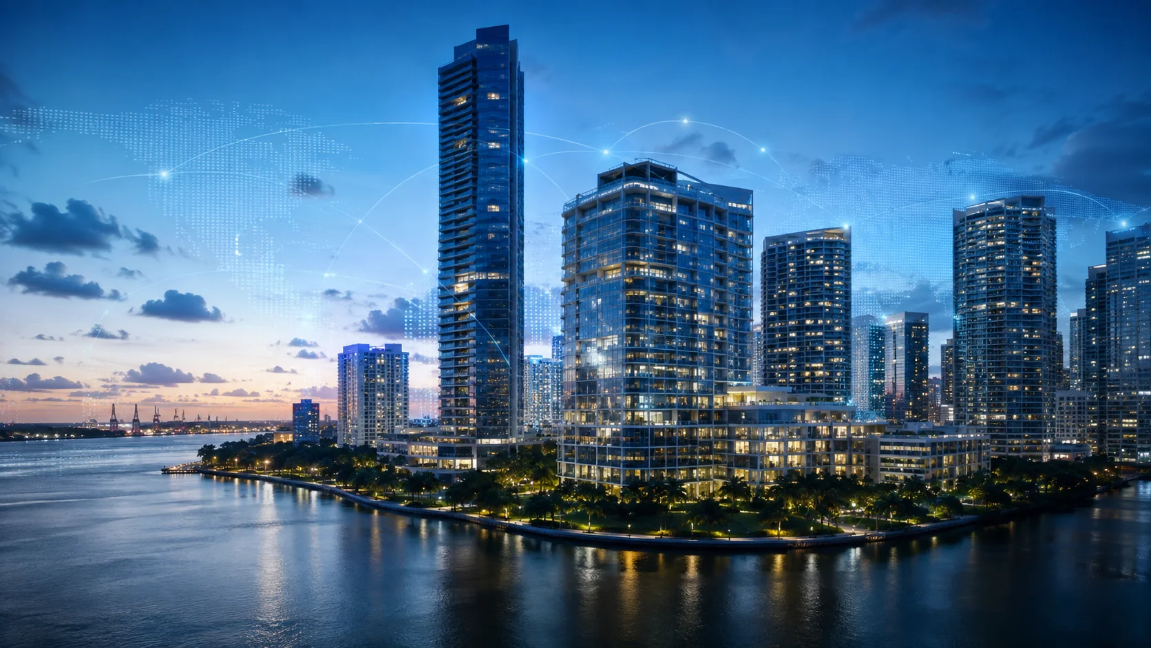 Miami business district at dusk representing the city as an Americas headquarters and regional finance platform.