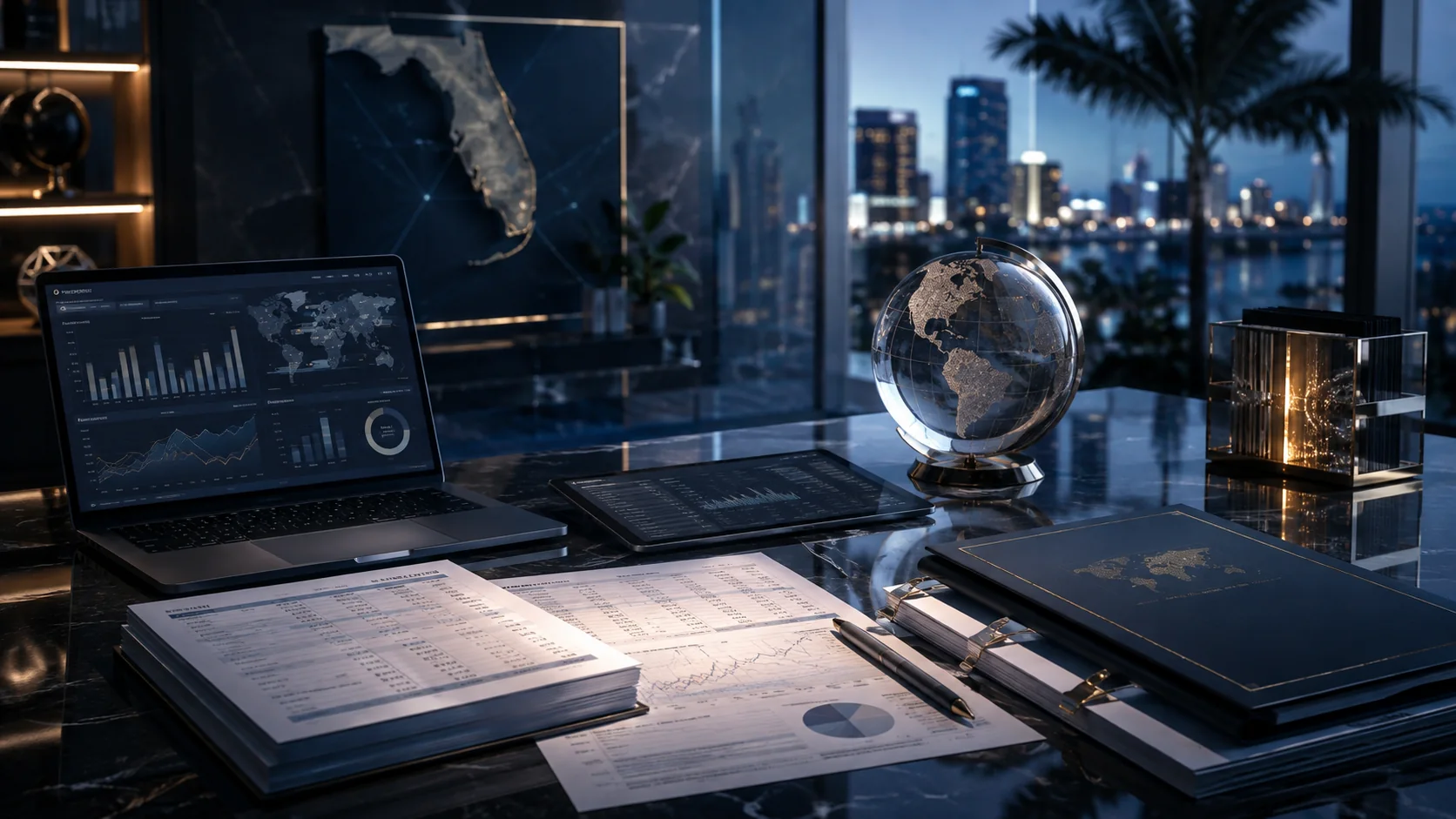 Executive finance workspace with reporting data for the month-end close of a foreign-owned Florida subsidiary.